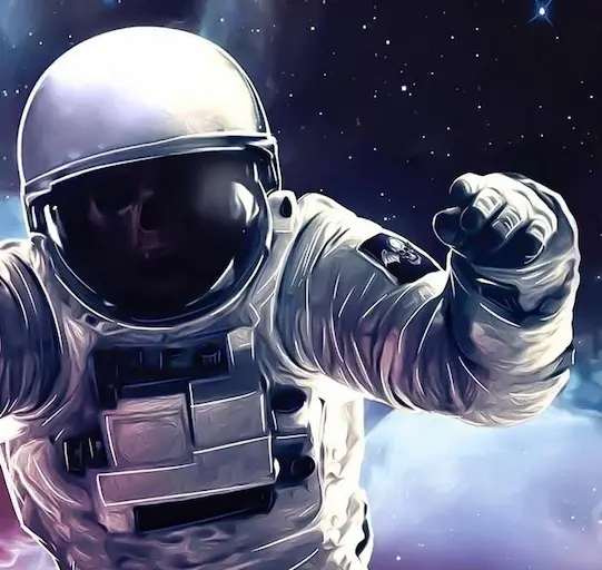 Illustration of an astronaut with a skull inside the helmet in space before stars