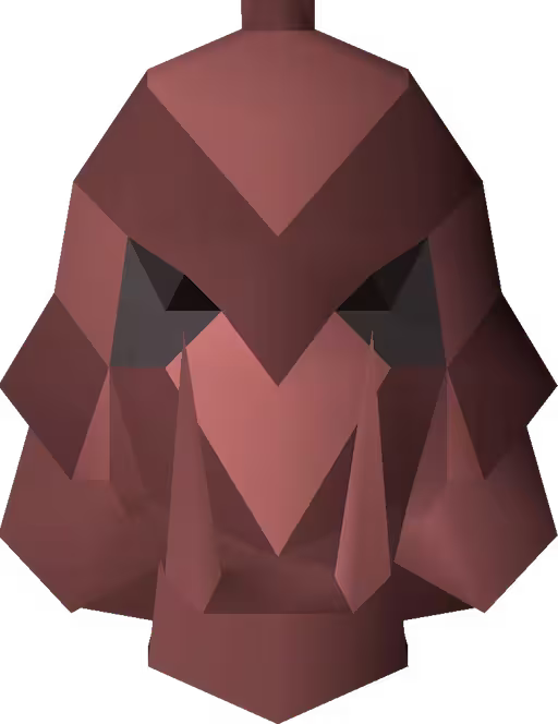 Low-poly graphic of a brown, horned demon mask in gaming style