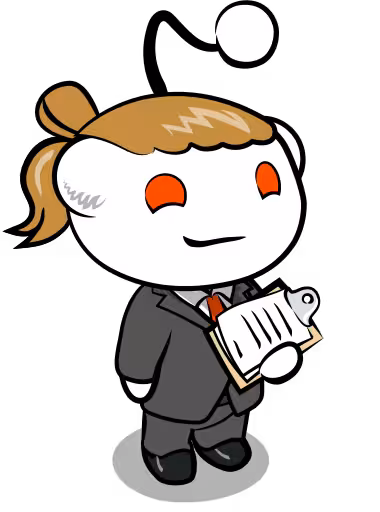 Reddit avatar in a grey suit with a clipboard and orange eyes