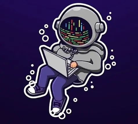 Comic astronaut wearing a hoodie floating in space and working on a laptop